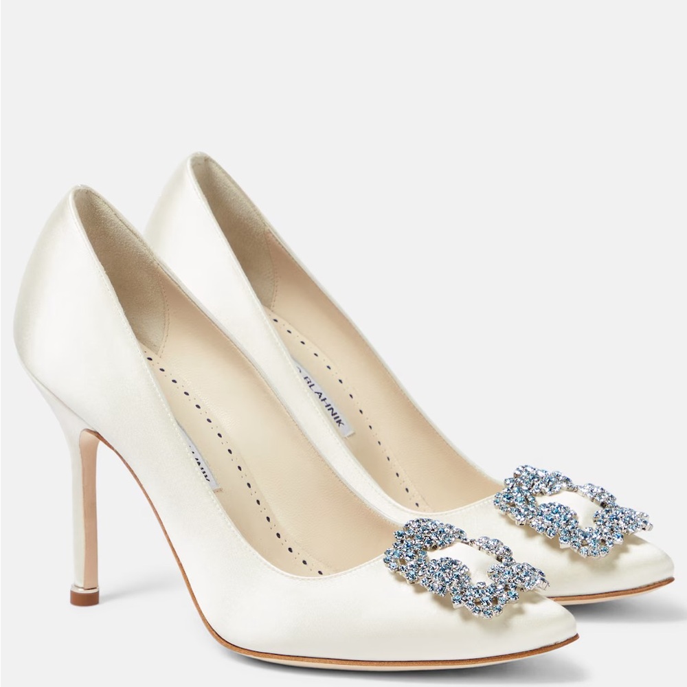 Manolo Blahnik Ivory Satin Pumps with Blue Crystal Buckles